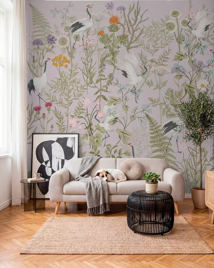 Fototapetai Elegantiškos gervės tarp gyvybingų žiedų w00380v3