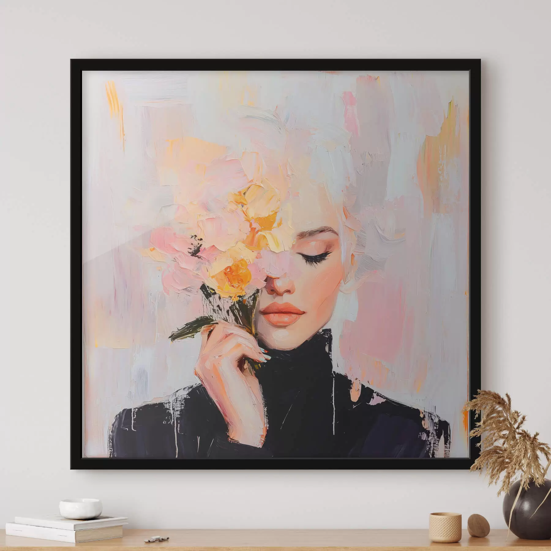 Fototapetai Abstrakti moteris su gėlių puokšte rankose su teptuko potėpiais f41355