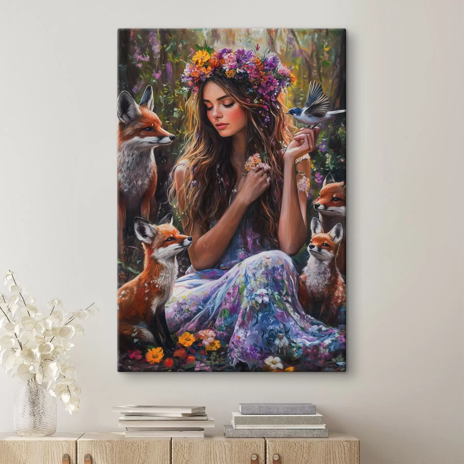 Fototapetai Graži mergaitė su laukiniais gyvūnais, pieva, gėlės, lapės, paukščiai, piešinys aliejumi s41453