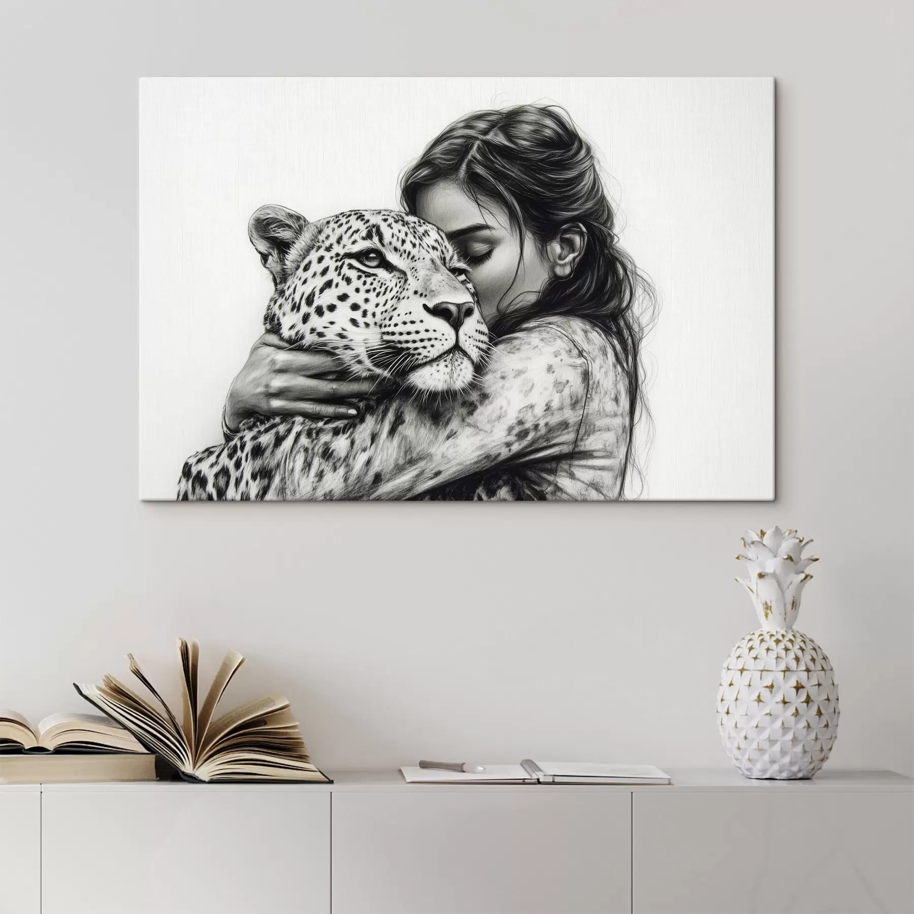 Paveikslėlis Moteris su leopardu, laukiniai gyvūnai, piešinys pieštuku, juodai balta s41455