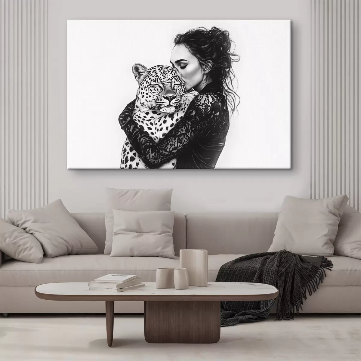 Paveikslėlis Moteris, bučiuojanti leopardą, pieštuko piešinys, laukiniai gyvūnai, juodai balta s41457
