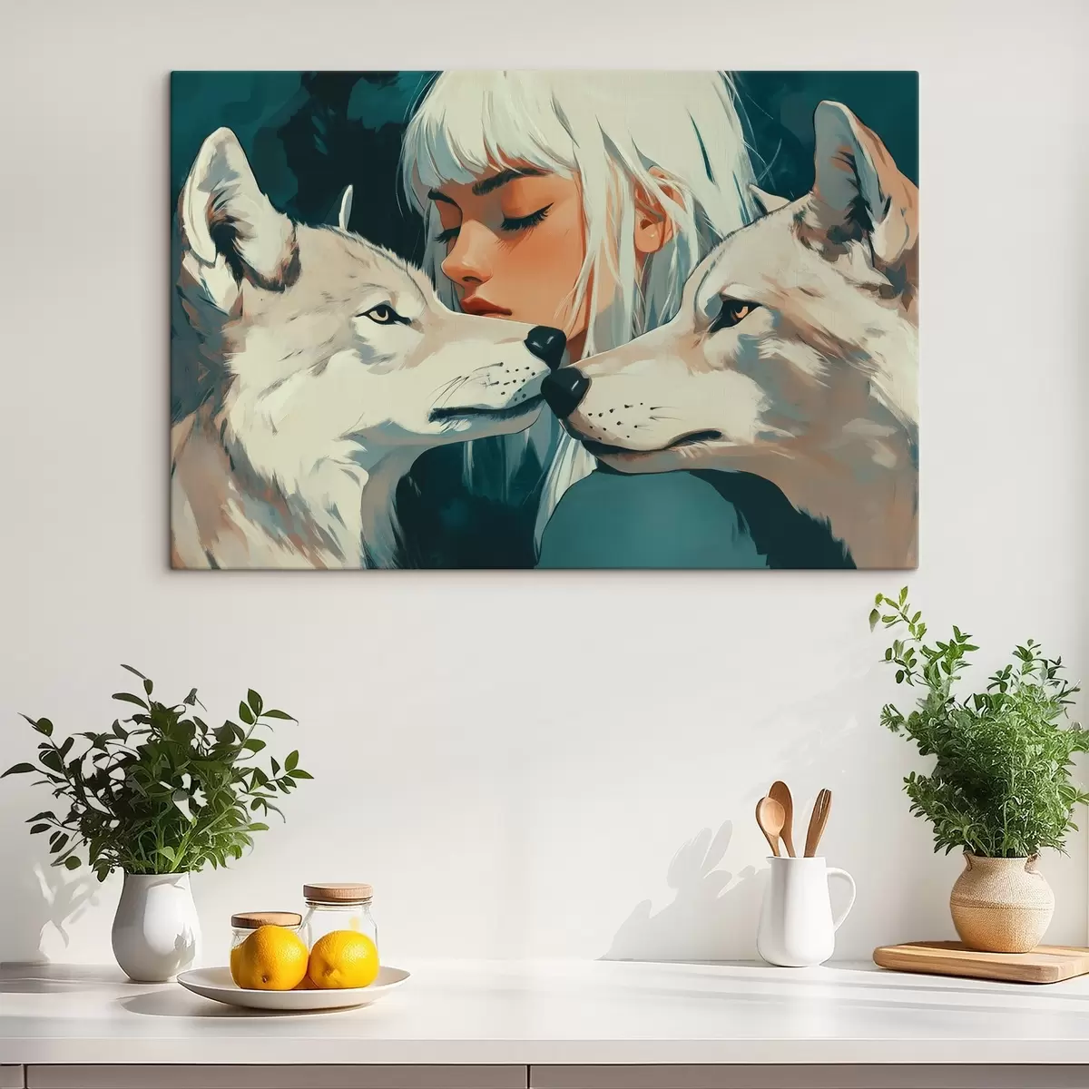 Paveikslėlis Jaunos merginos su pilkais vilkais piešinys akrilu, anime stilius s41459