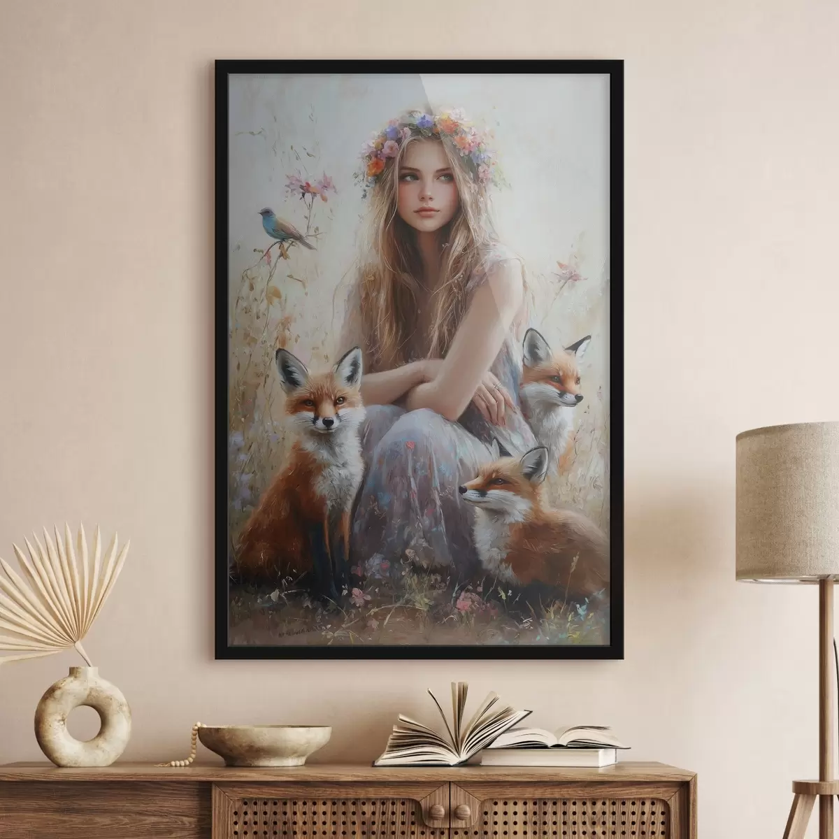 Plakatas Mergaitė pievoje, laukiniai gyvūnai, lapės, paukščiai, gėlių vainikas f41451