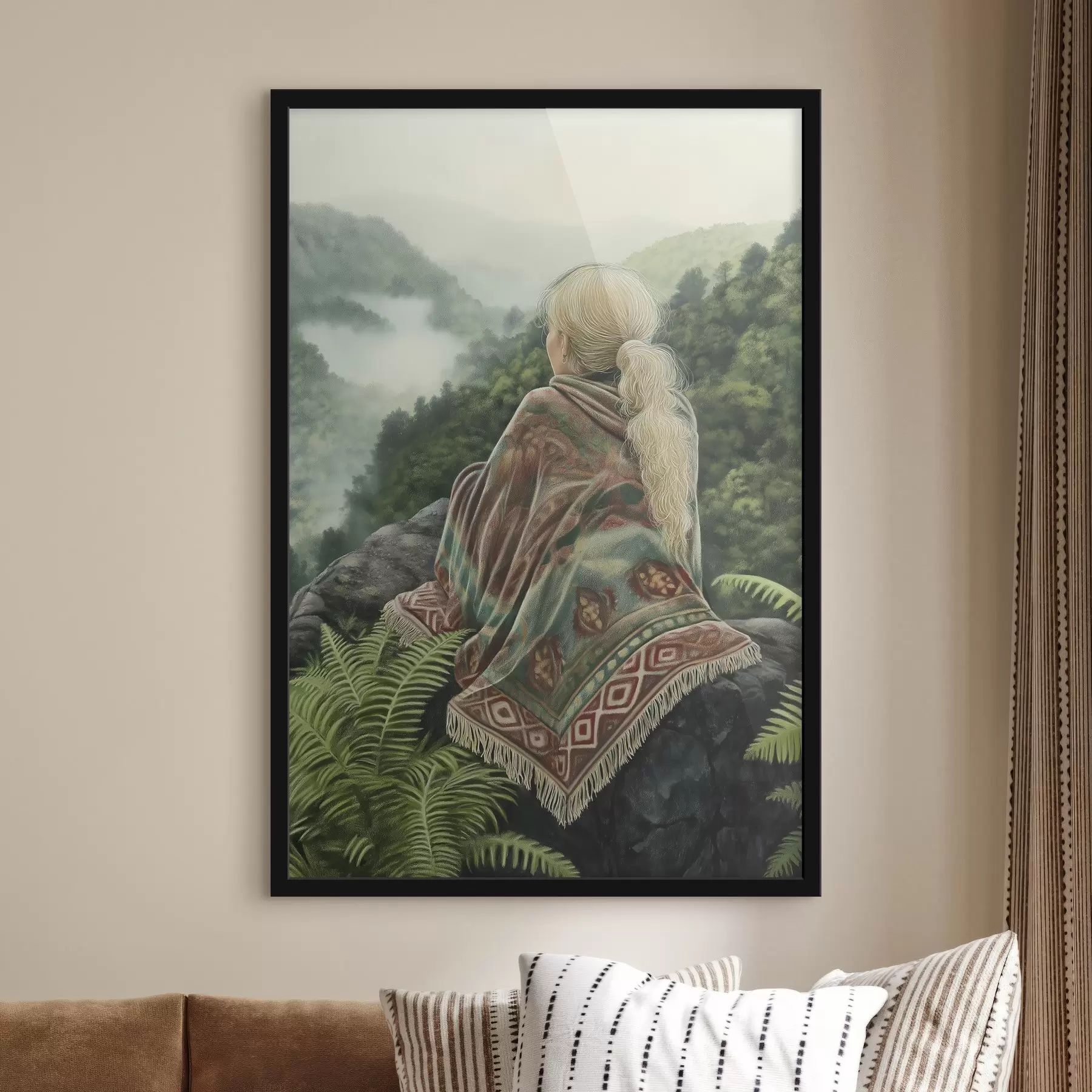 Fototapetai Mergina antklode sėdi ant uolos, kalnai, miško rūkas, gamtos peizažas f41454