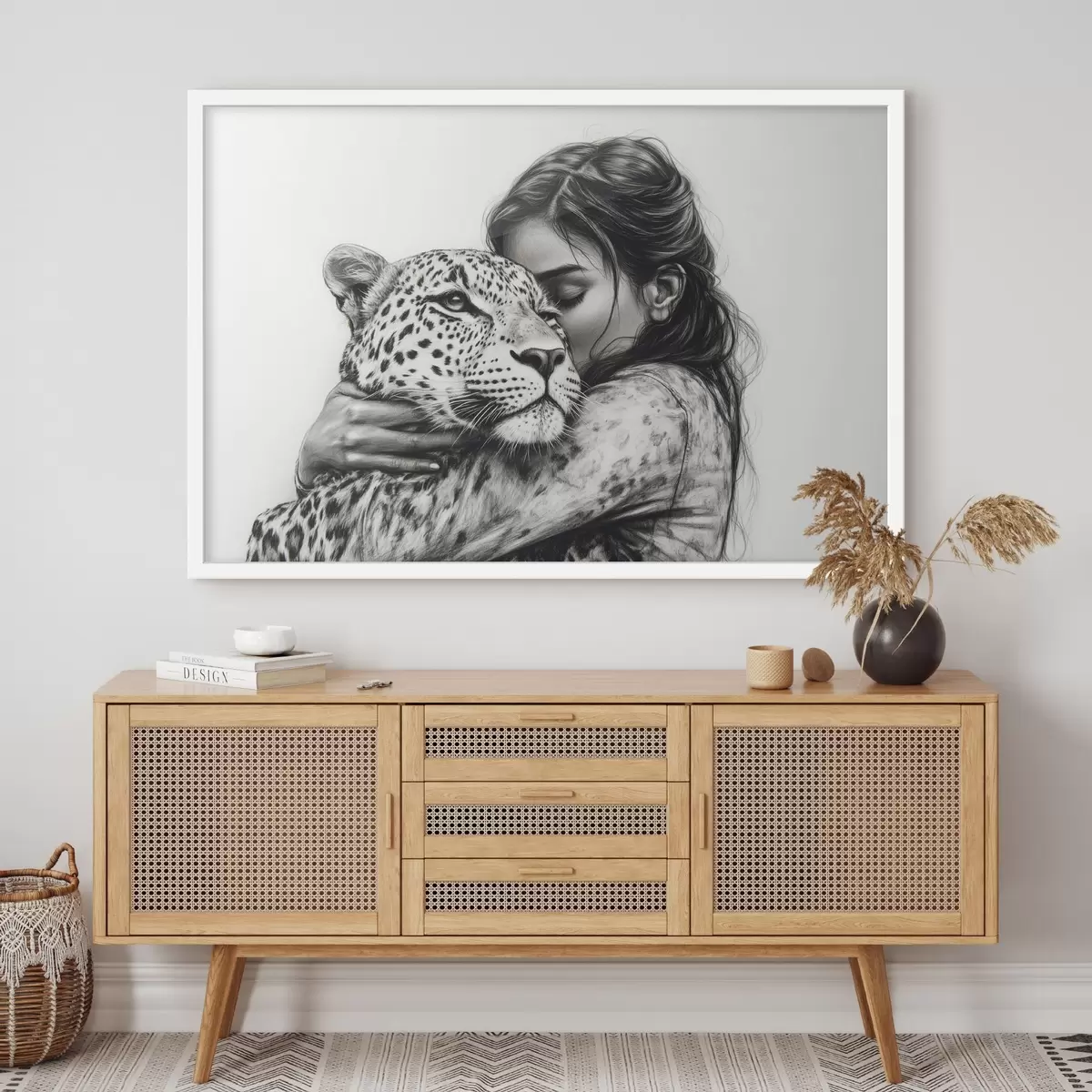 Plakatas Moteris su leopardu, laukiniai gyvūnai, piešinys pieštuku, juodai balta f41455