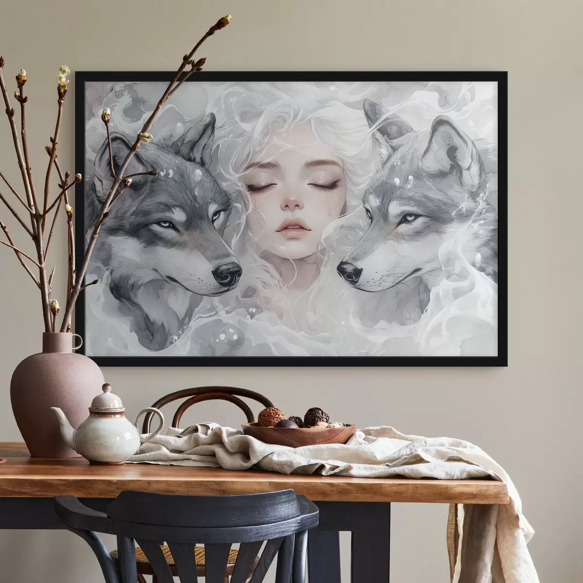 Plakatas Graži mergaitė su pilkais vilkais, anime stilius, švelnios pastelinės spalvos f41458