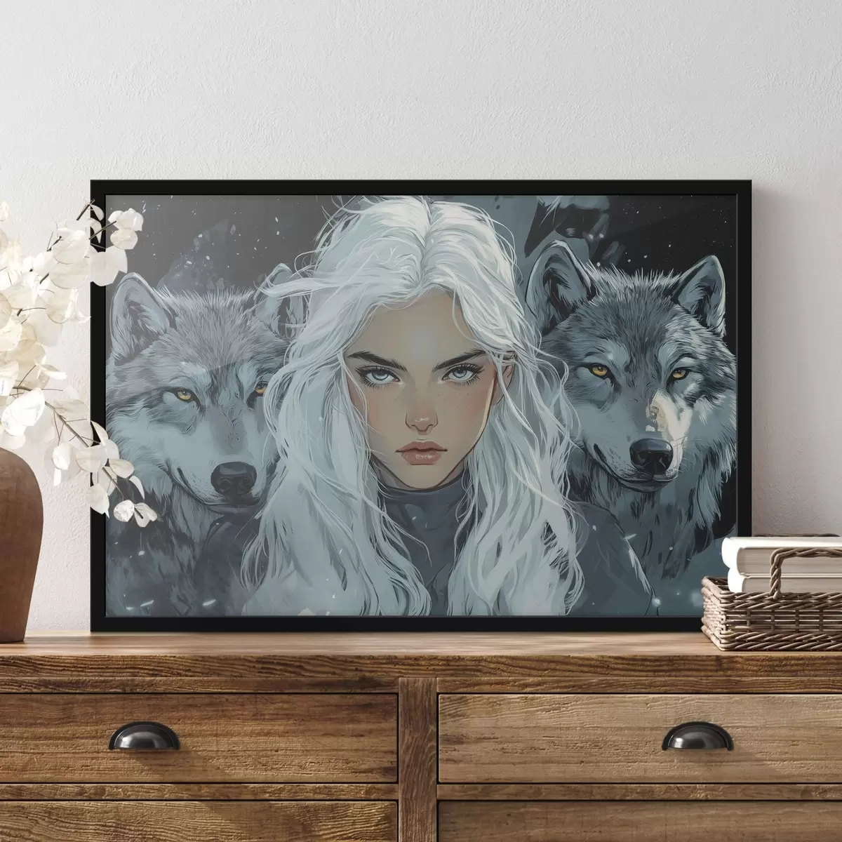 Plakatas Graži mergaitė su vilkais, anime stilius, pilka spalvų paletė  f41461