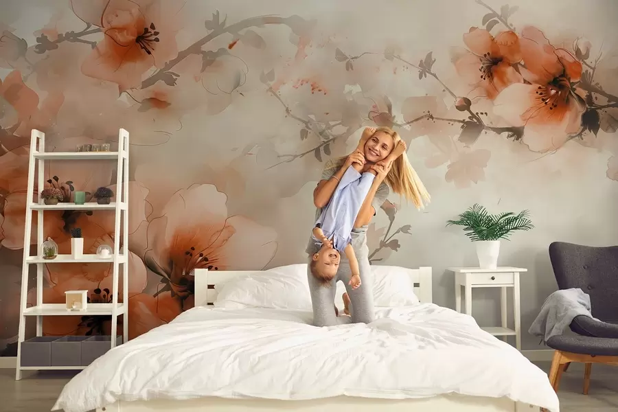 Fototapetai Šiltų persikų ir oranžinių atspalvių gėlių akvarelės kompozicija w02068