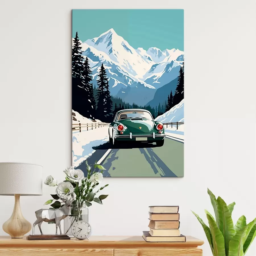 Paveikslėlis Retro automobilis žiemos kalnų kelyje s41478