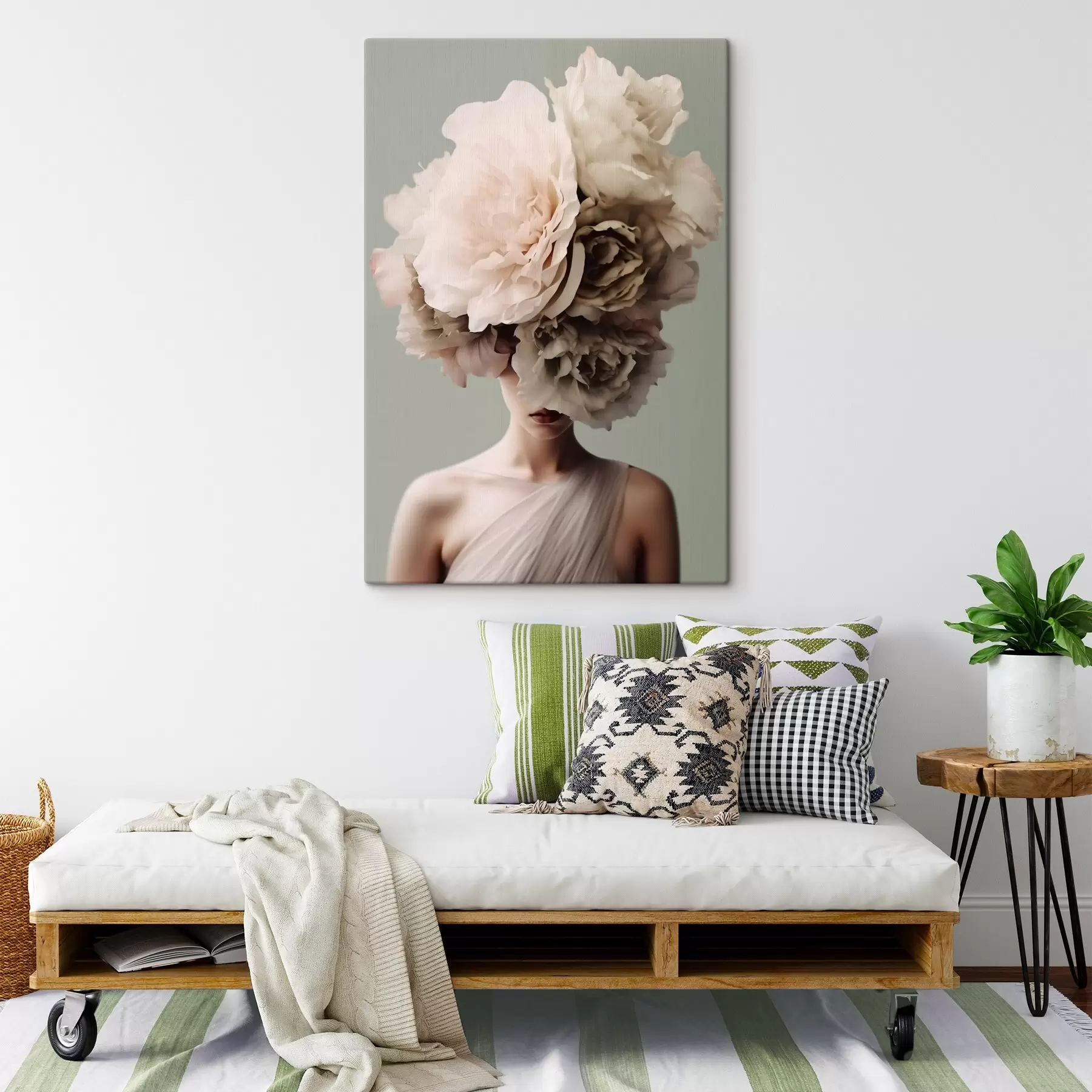 Fototapetai Moteris su didelėmis gėlėmis ant galvos, slepianti veidą s41483