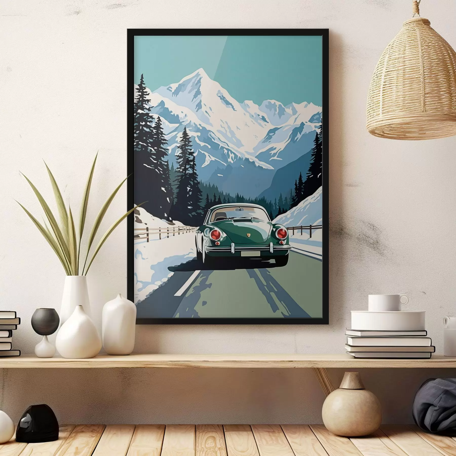 Paveikslėlis Retro automobilis žiemos kalnų kelyje f41478