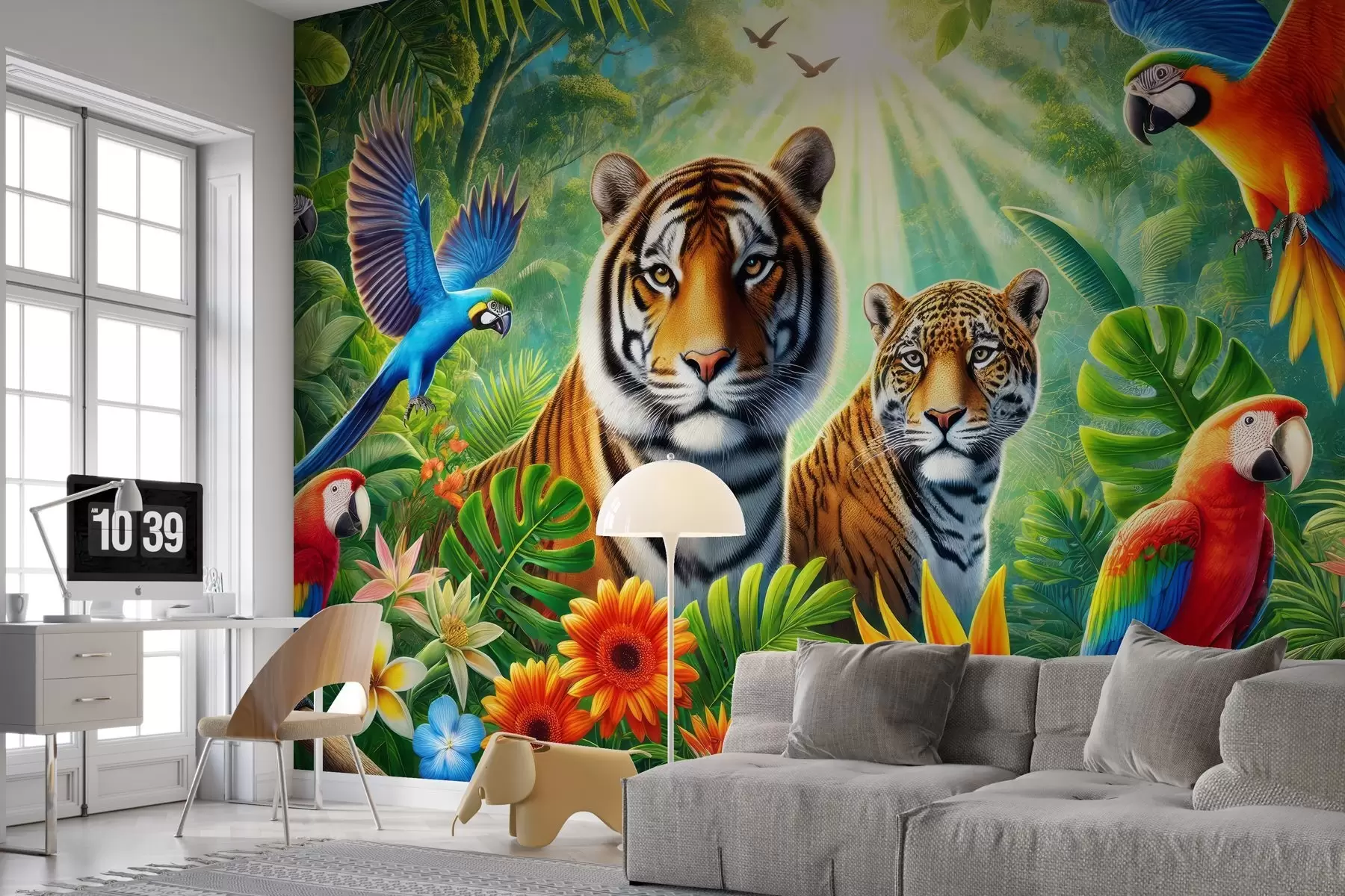 Fototapetai Spalvinga sieninė tapyba su tropikų panorama, kurioje vaizduojami tigrai, papūgos ir gėlės w02083