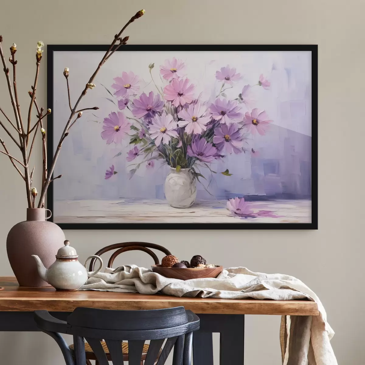 Plakatas Švelnios violetinės violetinės gėlės vazoje f41475