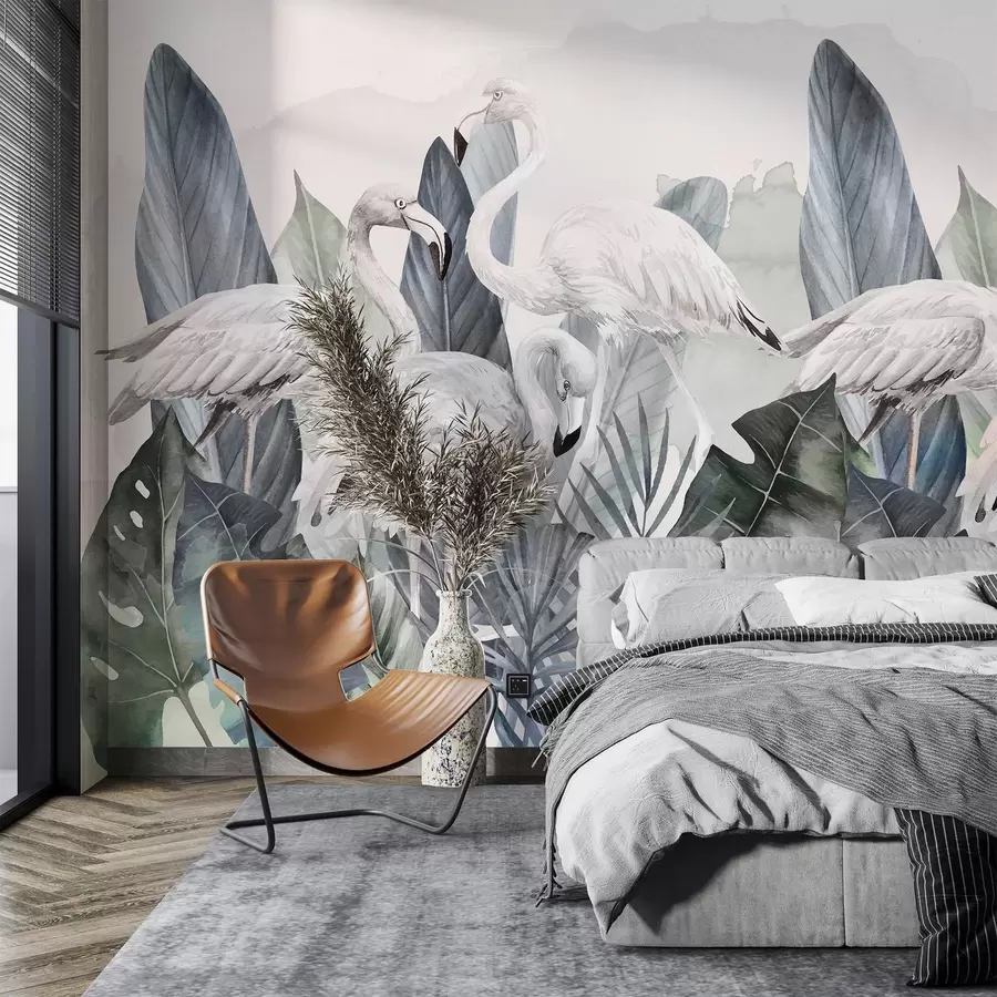 Fototapetai Elegantiški flamingai tarp vešlios lapijos w00505v2