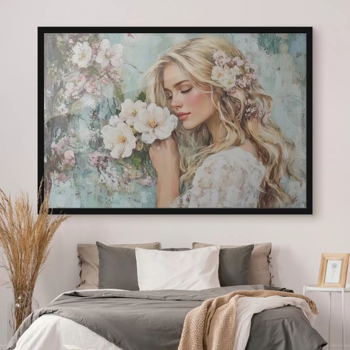 Plakatas mergina prie gėlių su aliejiniais dažais f41632