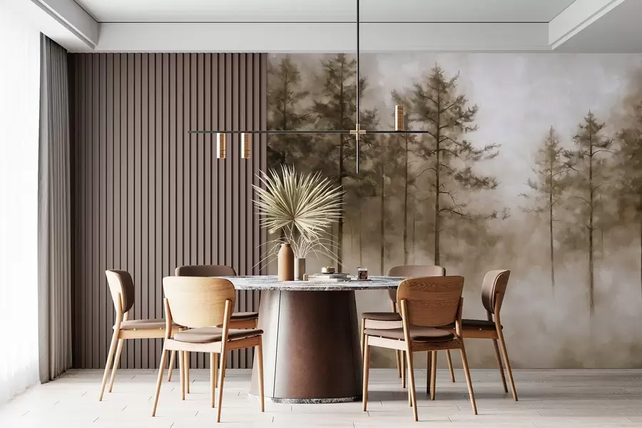 Fototapetai Mistinis miškas, pušys, rūkas, akriliniai dažai, smėlio spalvos w02149v1