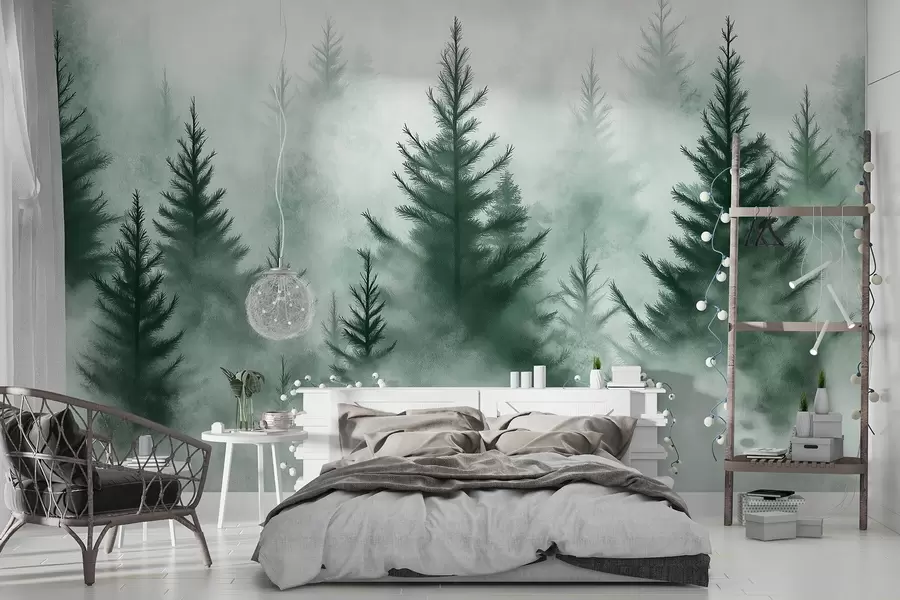 Fototapetai Miškas rūke, pušys, akvarelė, žalios spalvos w02152v1