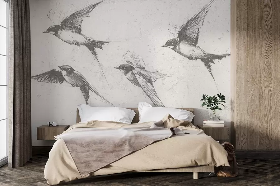 Fototapetai Skraidantys paukščiai, piešinys tušu, minimalizmas, pilkos spalvos w02155