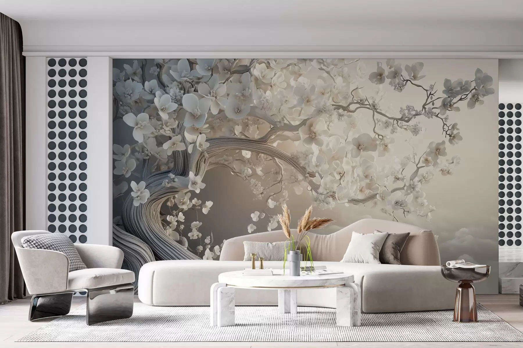 Fototapetai Žavingas medis su baltomis gėlėmis debesų fone įdomiu stiliumi, švelnių šiltų spalvų w02133