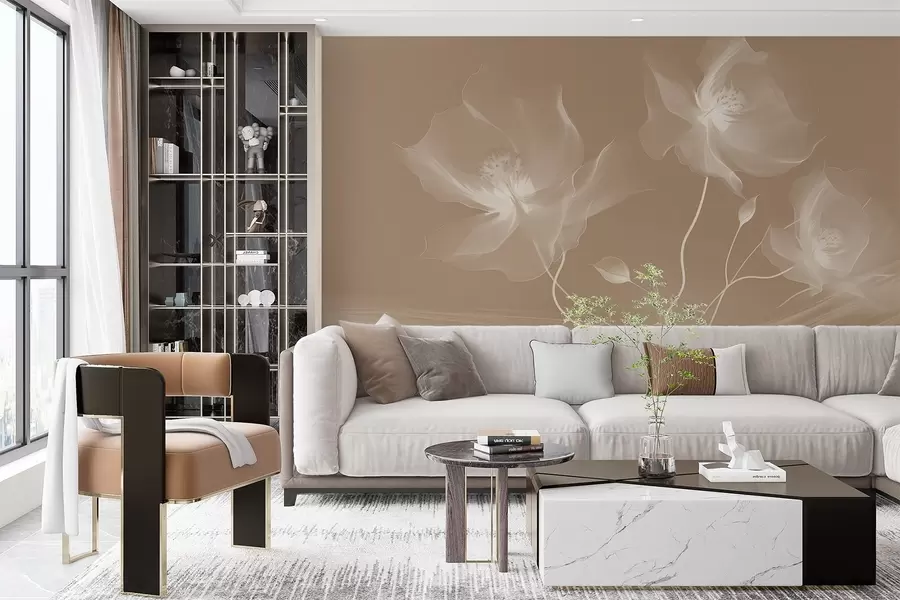 Fototapetai Trys grakščios gėlės permatomais žiedlapiais, susipynusios su šviesos ir vėjo juostomis sepijos spalvos w01932v1