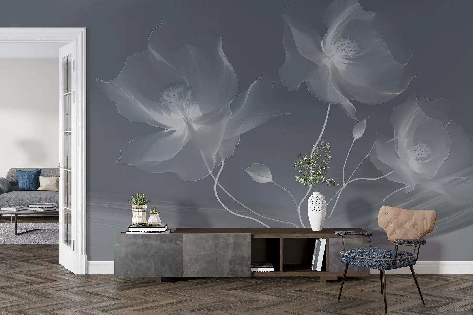 Fototapetai Trys grakščios gėlės permatomais žiedlapiais, susipynusios su mėlynų tonų šviesos ir vėjo juostomis w01932v2