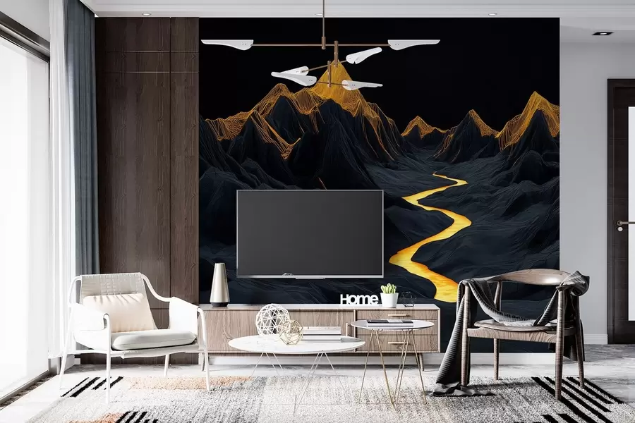 Fototapetai Daugiakampio formos juodas kraštovaizdis ir upė tarp kalnų w02063