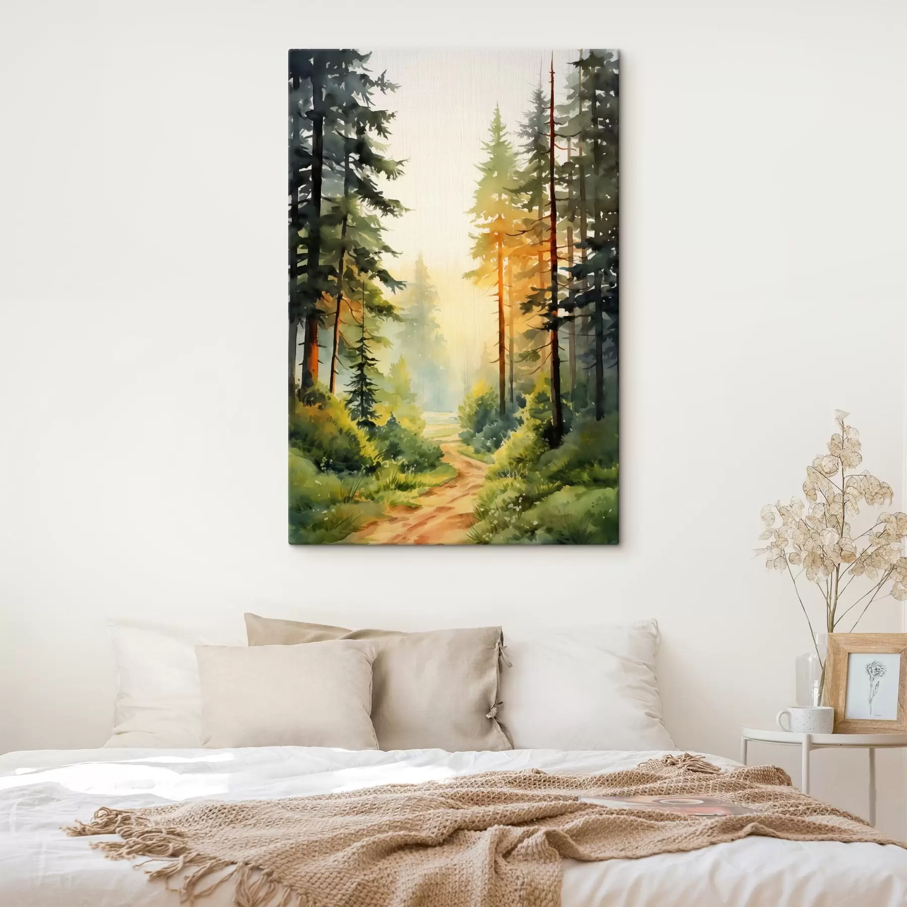 Fototapetai Gražus akvarelinis miškas su pušimis ir švelnia saulės šviesa  s41637