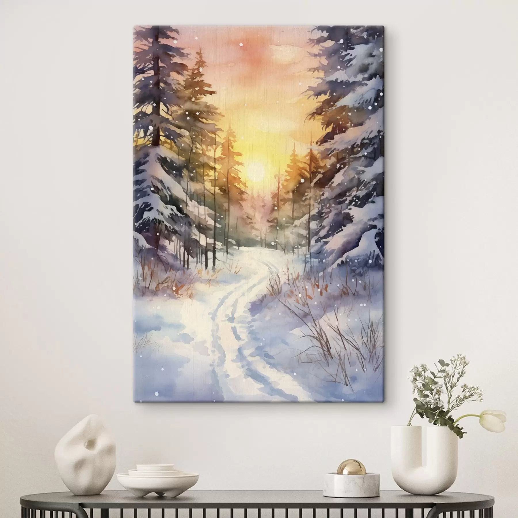 Fototapetai Akvarelė žiemos miškas, snaigės, gražus dangus, saulėlydis s41640