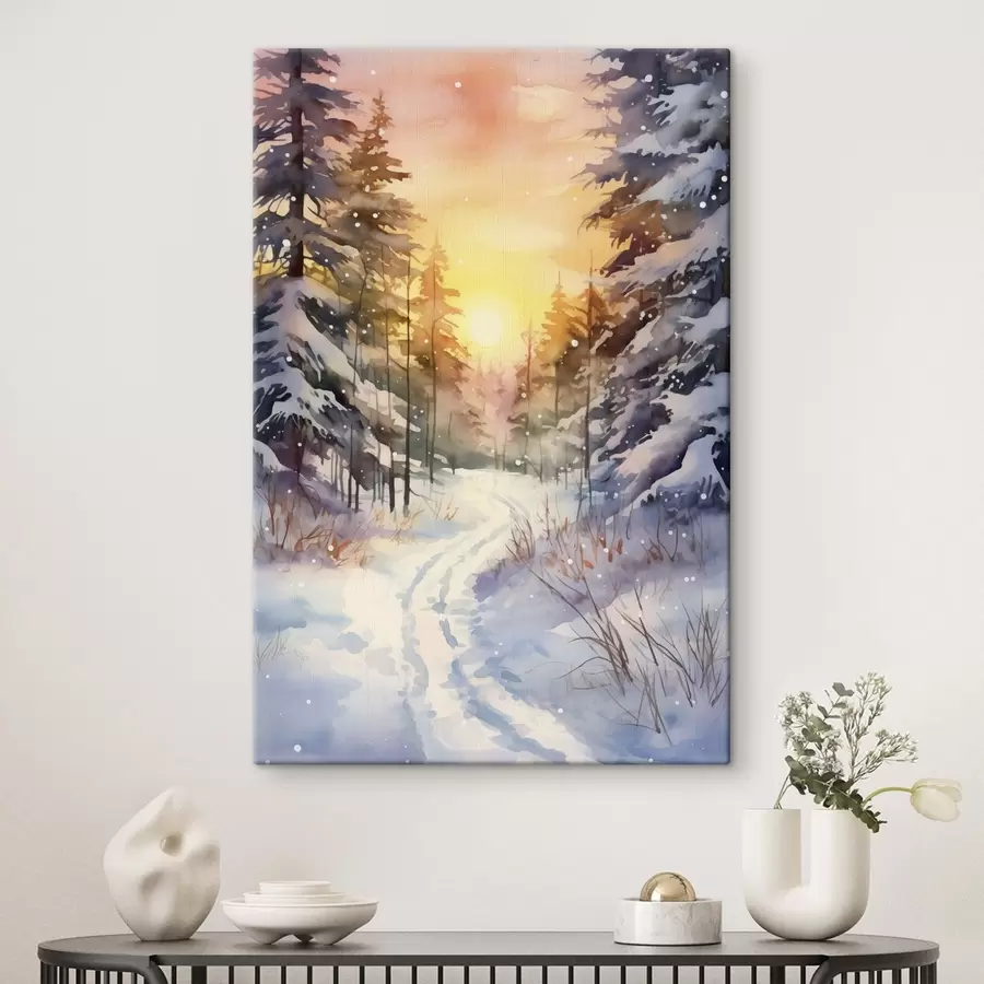 Fototapetai Akvarelė žiemos miškas, snaigės, gražus dangus, saulėlydis s41640