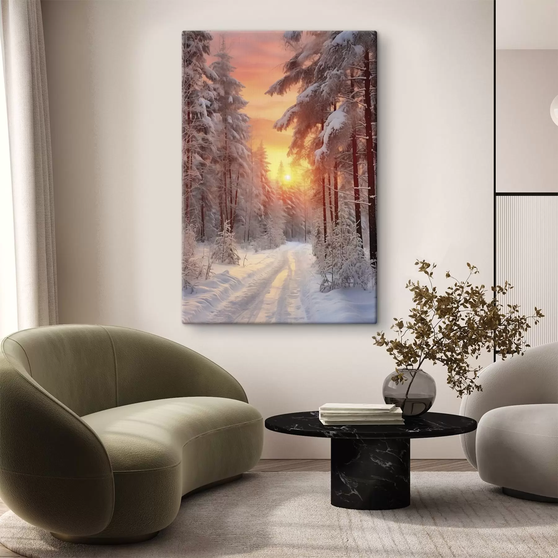 Fototapetai Kelias žiemos miške, sniegas, pušys, saulėlydžio spalvos s41639