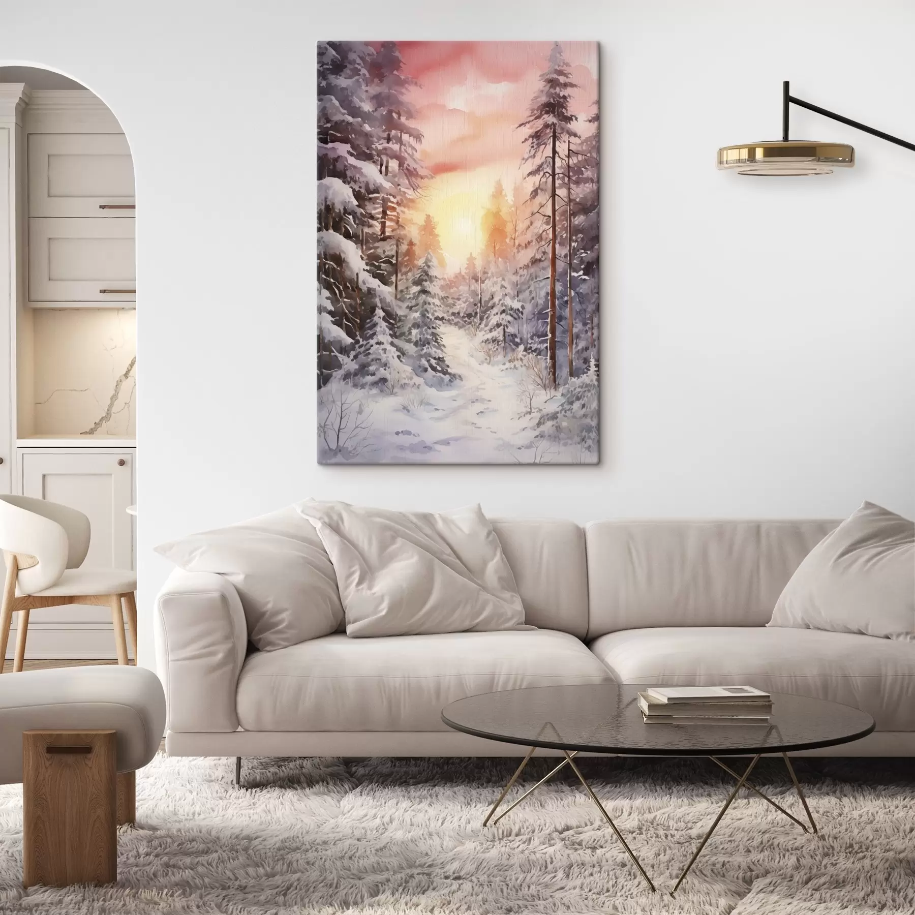 Fototapetai Graži žiema, akvarelė miškas, snieguotas, medžiai, rausvas dangus, saulėlydis s41641