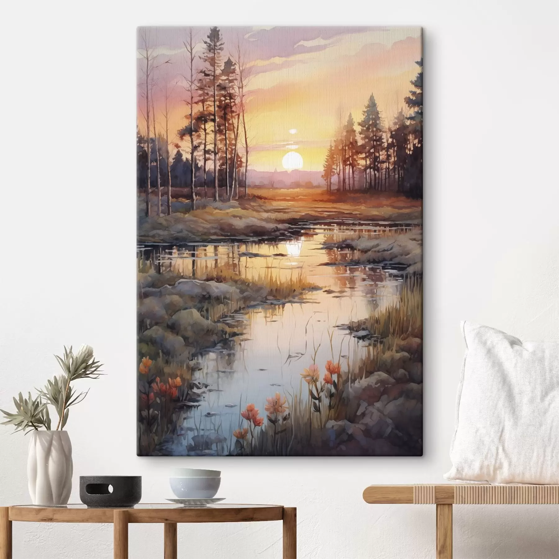 Fototapetai Graži upė rudens miške, akvarelė, pieva, saulėlydžio dangus s41643