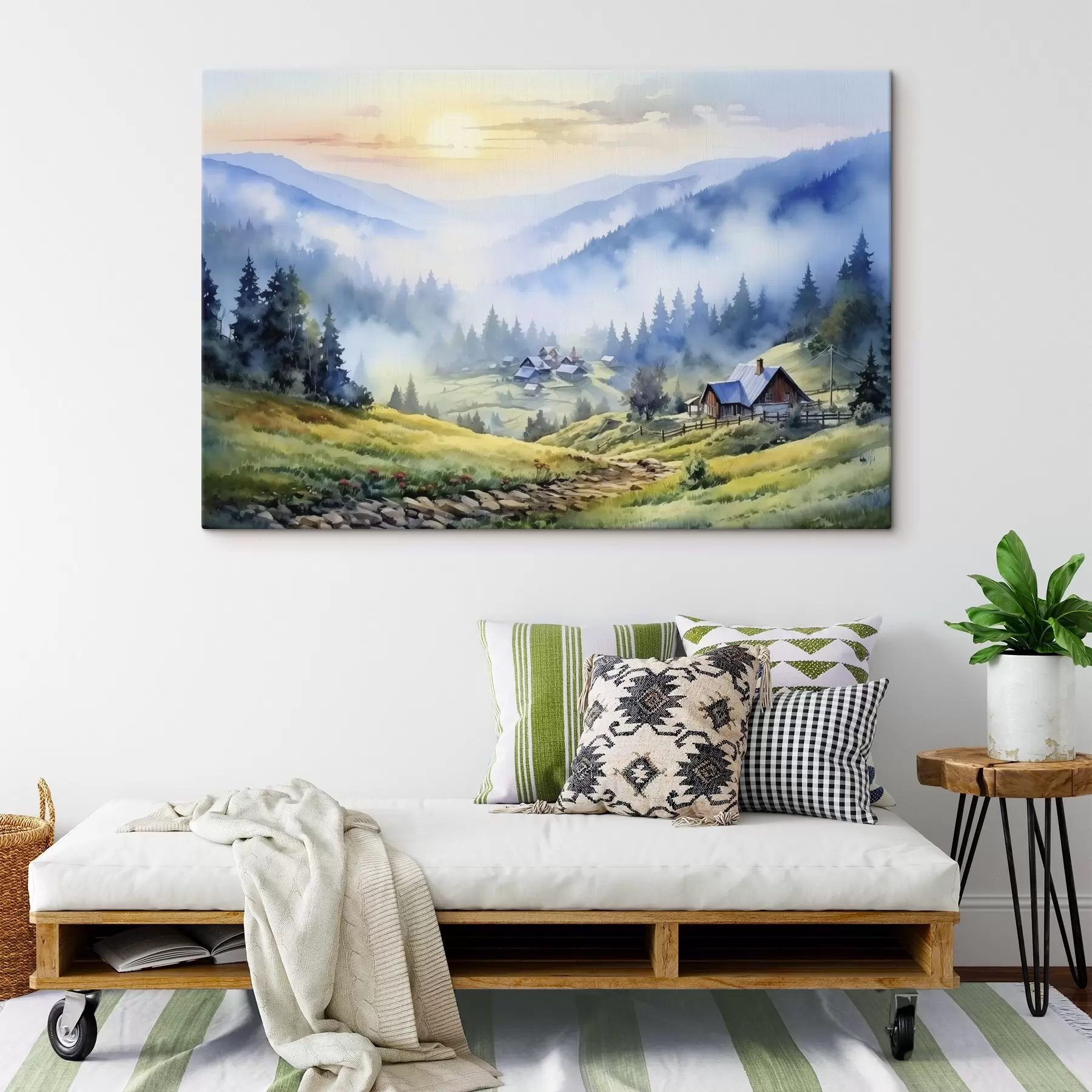 Fototapetai Karpatų kaimas rūke, miškas, akvarelė s41648
