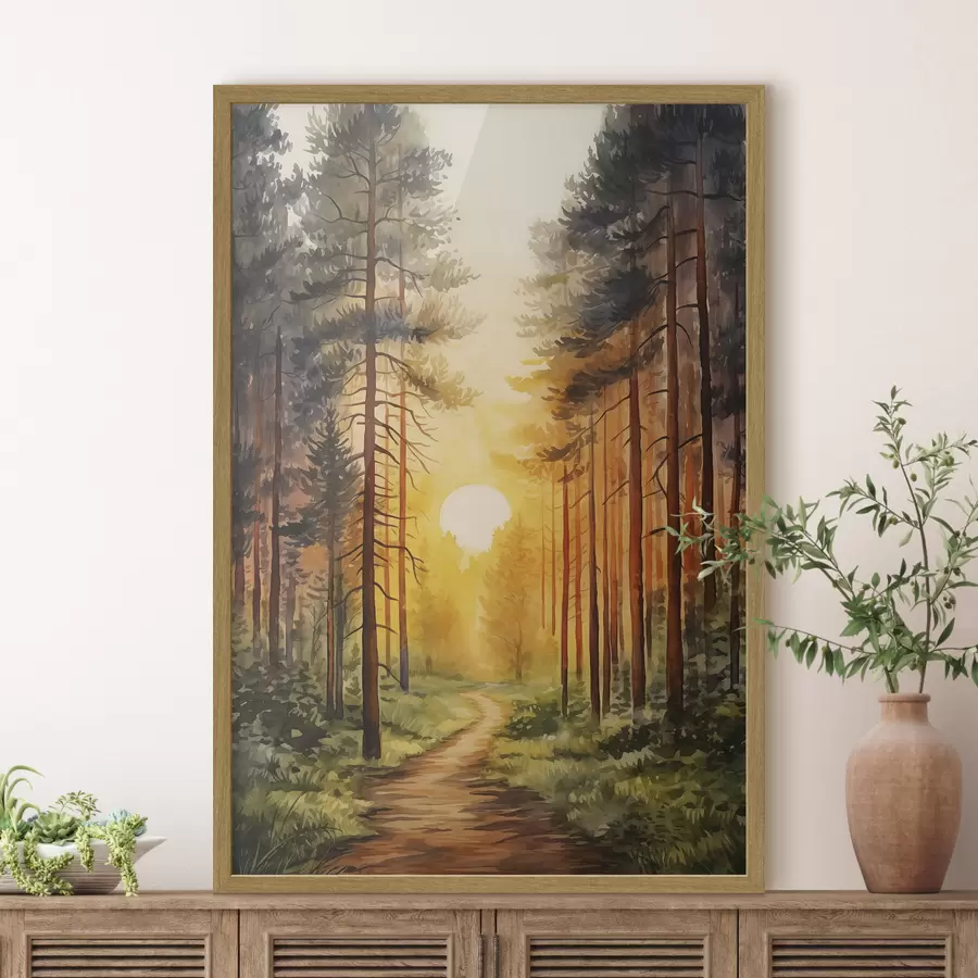 Fototapetai Saulėlydis pušyne, akvarelė, gamtos grožis f41638