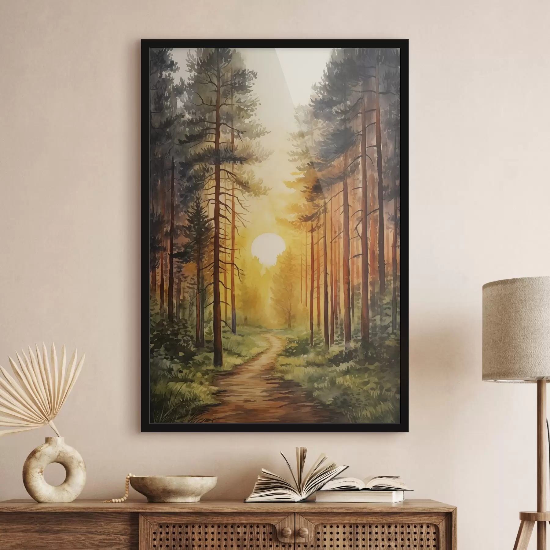 Fototapetai Saulėlydis pušyne, akvarelė, gamtos grožis f41638