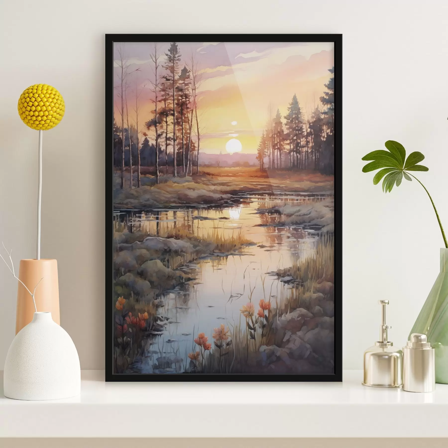 Fototapetai Graži upė rudens miške, akvarelė, pieva, saulėlydžio dangus f41643