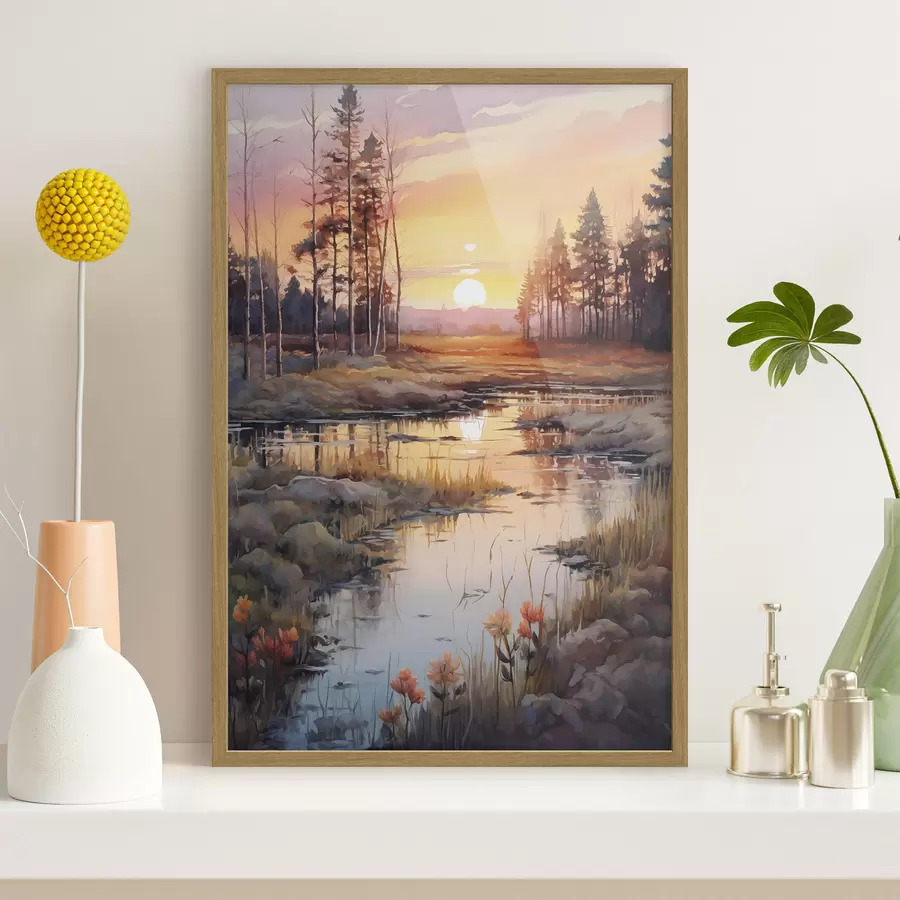 Fototapetai Graži upė rudens miške, akvarelė, pieva, saulėlydžio dangus f41643