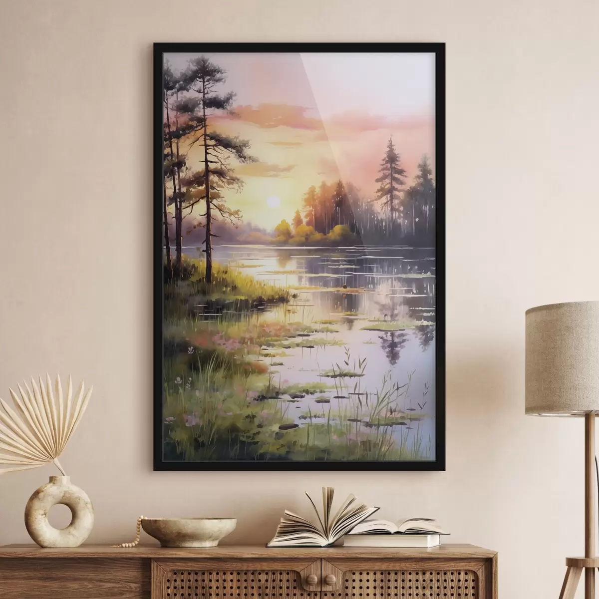 Plakatas Saulėtekis miško ežere, akvarelė, medžiai, gėlės, švelni šviesa f41644