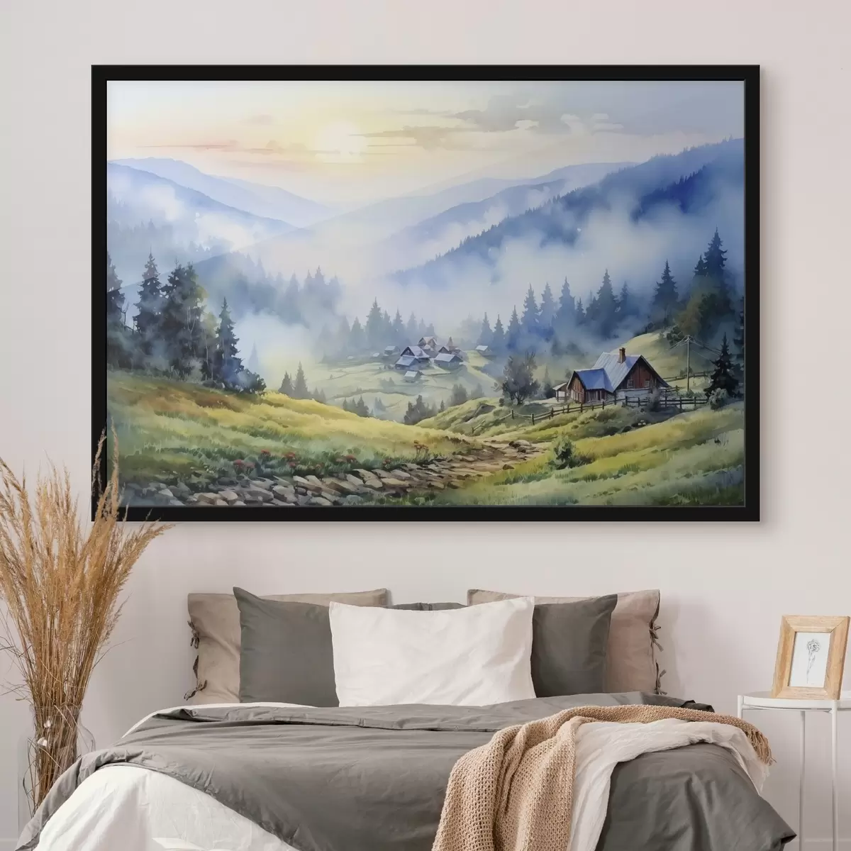 Plakatas Karpatų kaimas rūke, miškas, akvarelė f41648