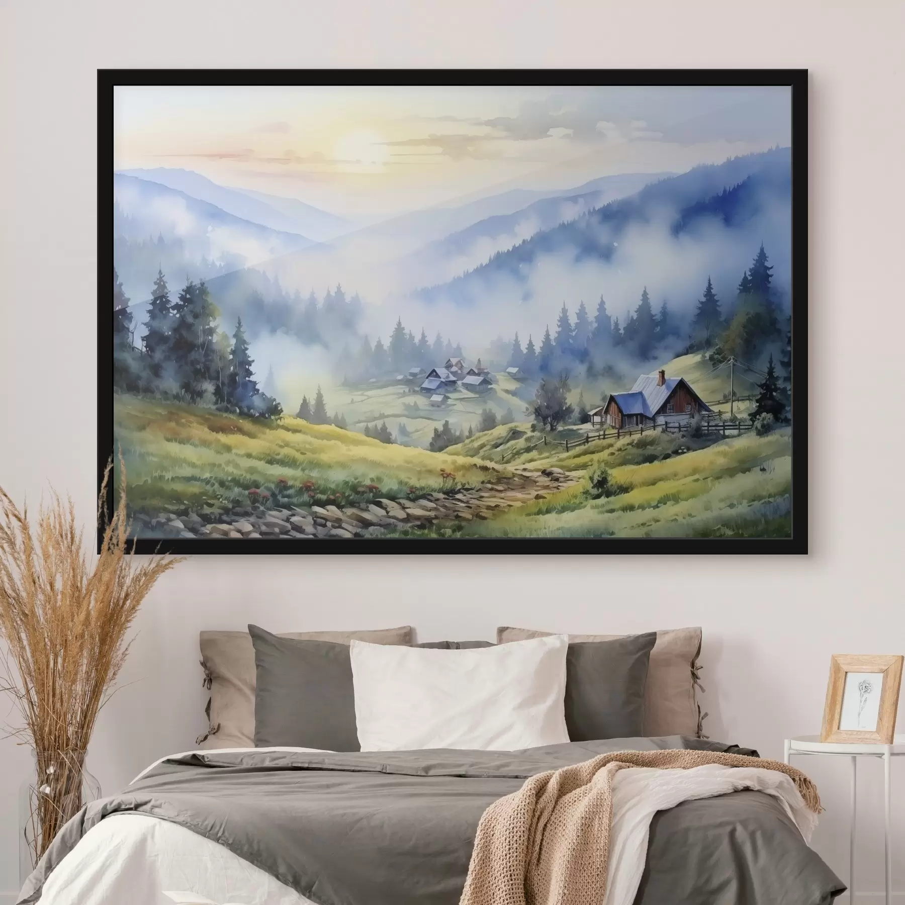 Fototapetai Karpatų kaimas rūke, miškas, akvarelė f41648