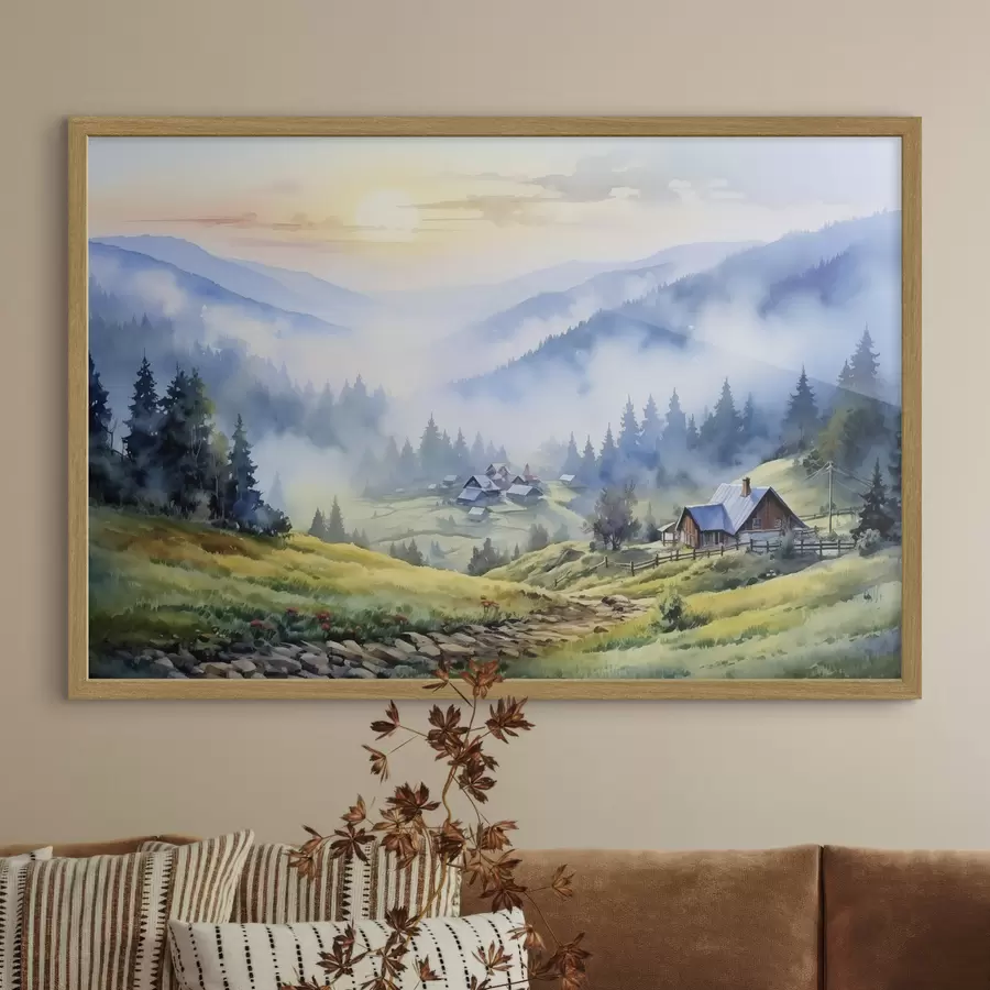 Fototapetai Karpatų kaimas rūke, miškas, akvarelė f41648
