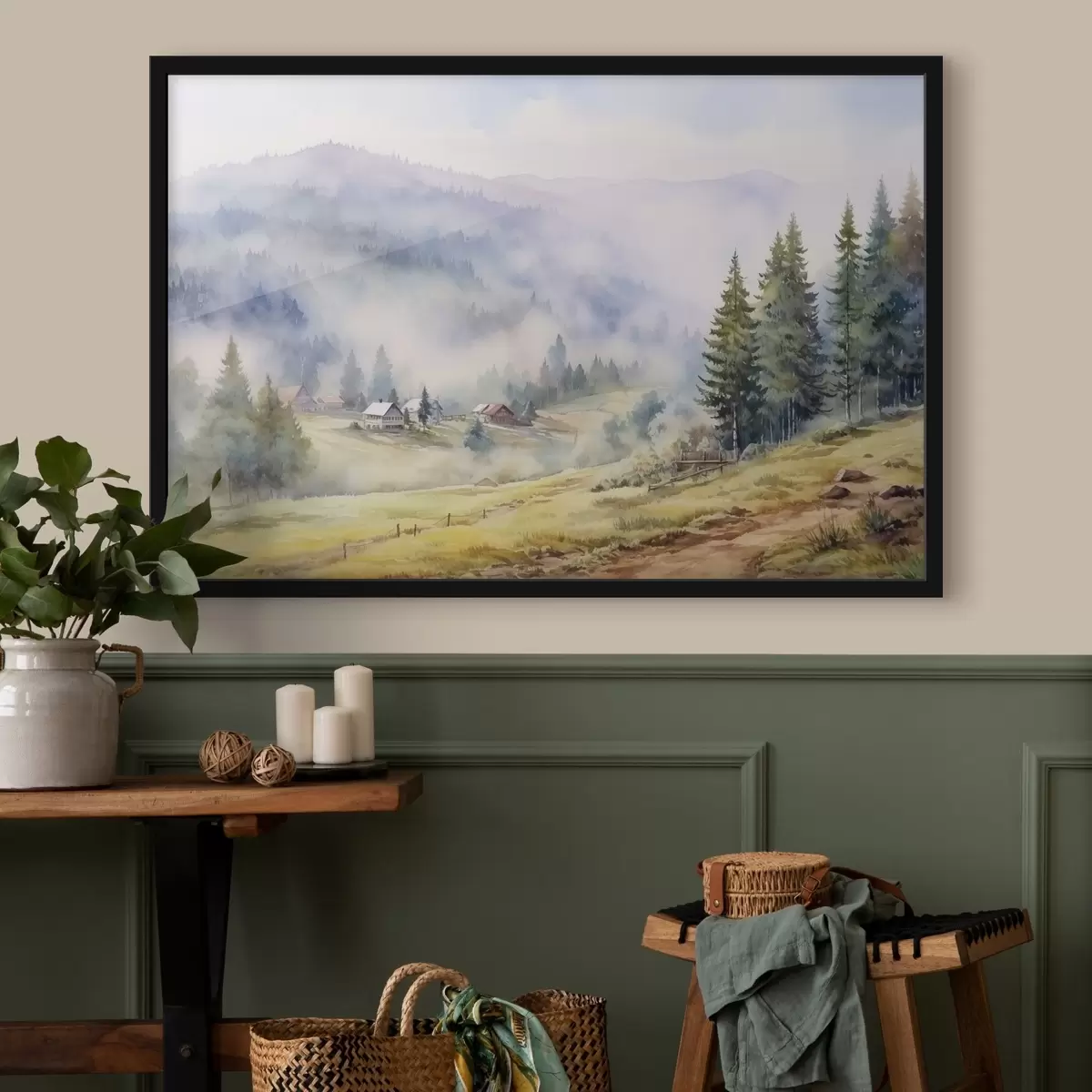 Plakatas Gražūs kalnai, miglotas miško kraštovaizdis, akvarelė, kaimas f41649
