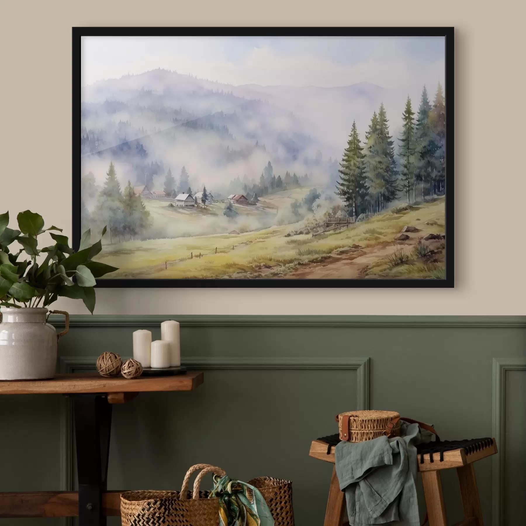 Fototapetai Gražūs kalnai, miglotas miško kraštovaizdis, akvarelė, kaimas f41649