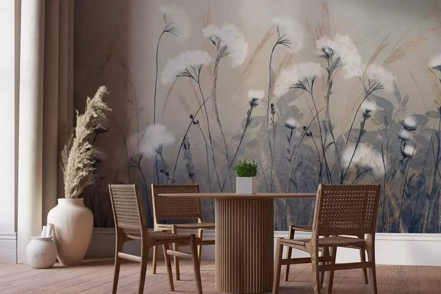 Fototapetai Puri balta medvilninė žolė neryškios tekstūros fone, švelni, miglota ir rami atmosfera w08416