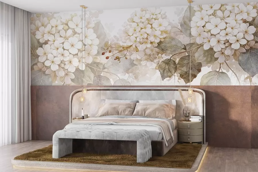 Fototapetai Švelnūs balti hortenzijos žiedai su švelniais žaliais lapais šviesiame fone w08422