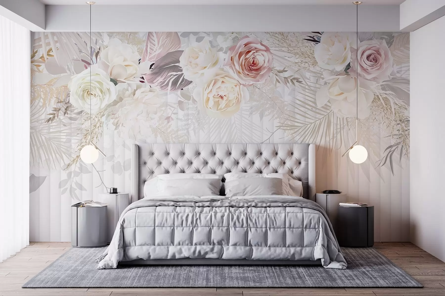 Fototapetai Gėlių kompozicija su rausvomis ir baltomis rožėmis, palmių lapais ir kitais atogrąžų augalais baltame fone w08425