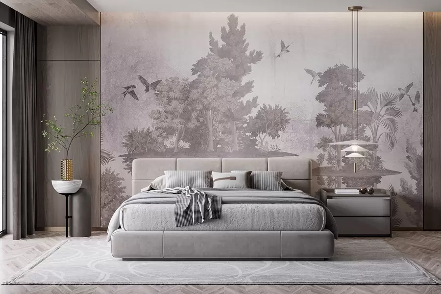 Fototapetai Miško kraštovaizdžio atspaudas su ežeru, apsuptu pušų ir kitų lapų tekstūriniame smėlio spalvos fone w08426