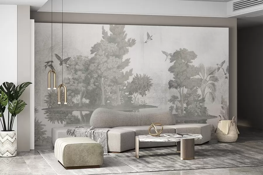 Fototapetai Miško kraštovaizdžio atspaudas su ežeru, apsuptu pušų ir kitų lapų tekstūriniame žaliame fone w08426v1