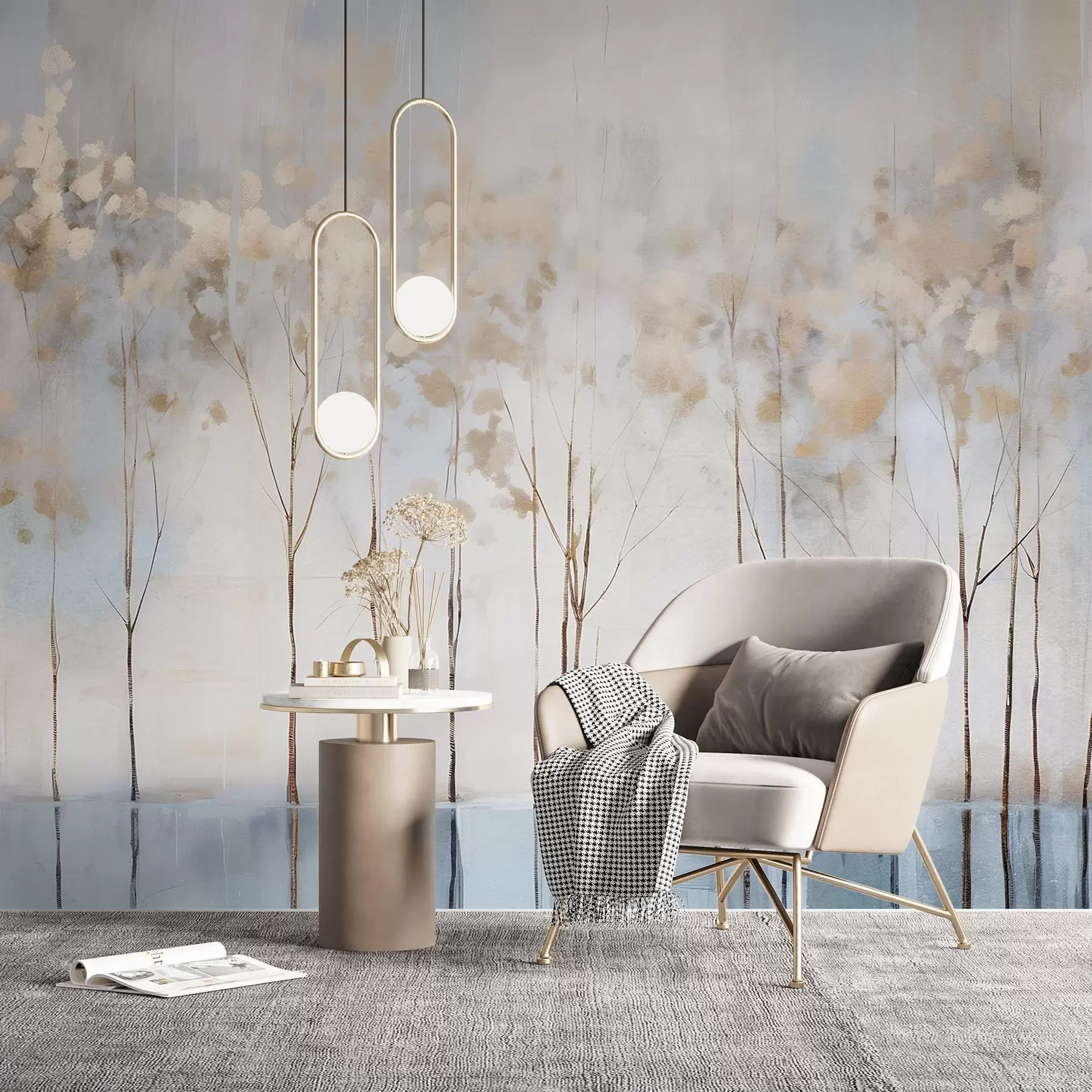 Fototapetai Abstraktūs medžiai abstrakčiame pasteliniame neryškiame žiemos minimalistiniame peizaže su minkštu, miglotu fonu w08430