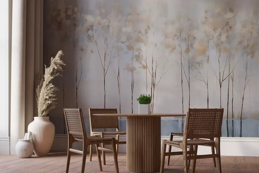 Fototapetai Abstraktūs medžiai abstrakčiame pasteliniame neryškiame žiemos minimalistiniame peizaže su minkštu, miglotu fonu w08430